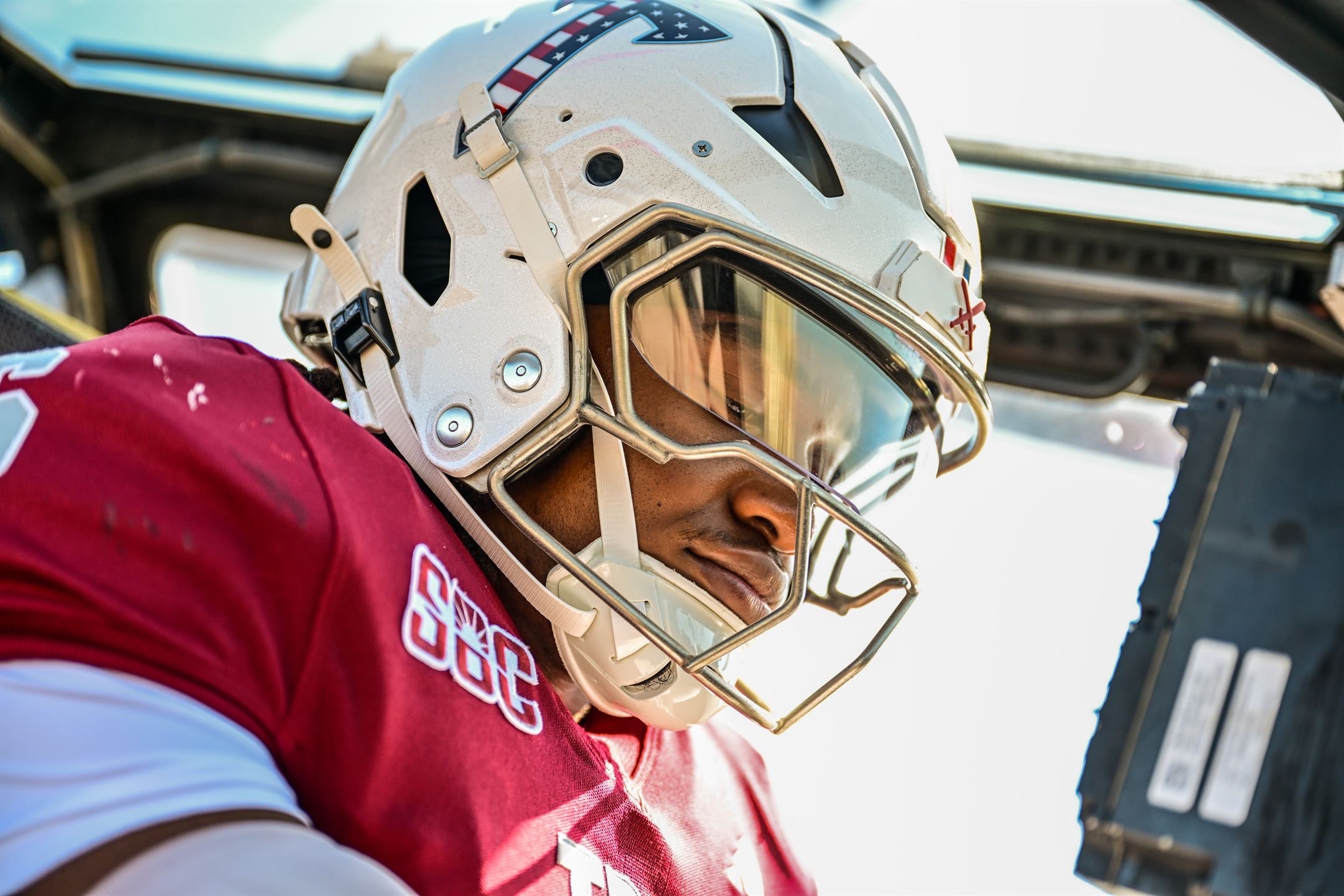 Justin Powe — visor closeup, gold face shield