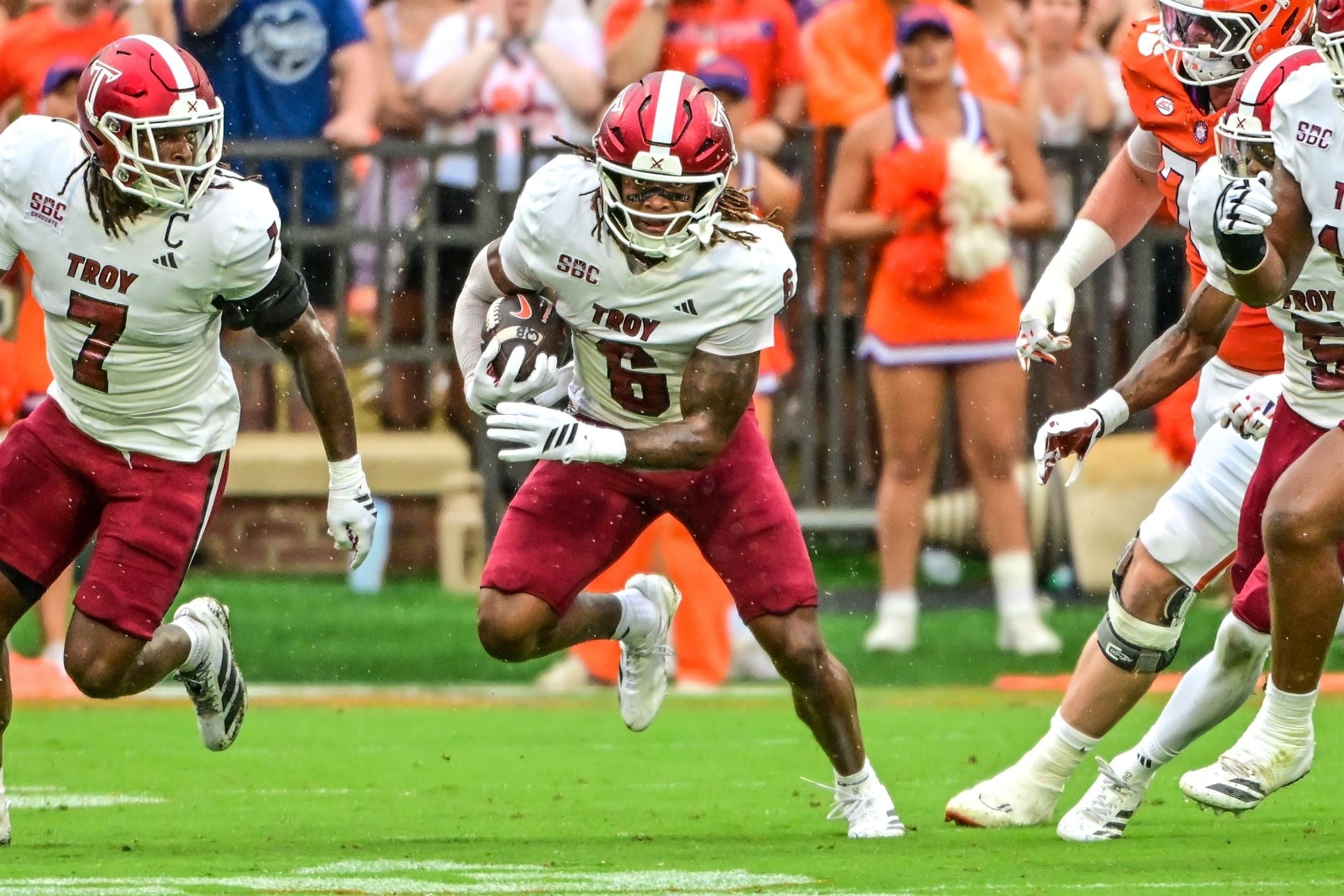 Justin Powe #06 — fumble return vs Clemson, Troy Trojans