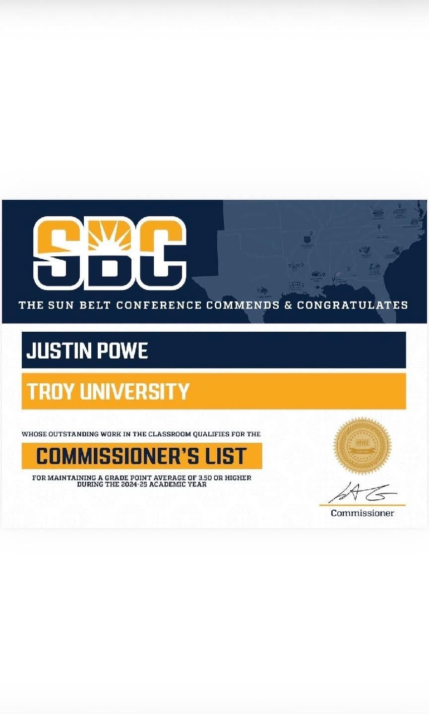Sun Belt Commissioner's List — Justin Powe Named Academic Honoree